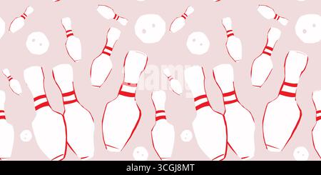 Seamless bowling pattern with red-striped pins and balls on light background. Fun sporty texture perfect for design and decoration. Stock Vector