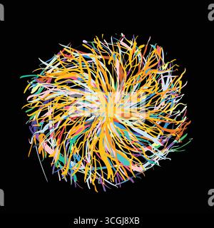 Abstract vector illustration of a colorful tumbleweed sphere made of dynamic tangled lines on a black background, symbolizing energy and movement. Stock Vector