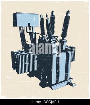 Distribution transformer stylized as retro poster vector illustration Stock Vector