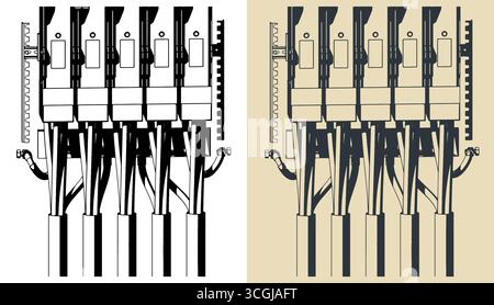 High voltage cables and power cable distribution rack close-up stylized vector illustrations Stock Vector