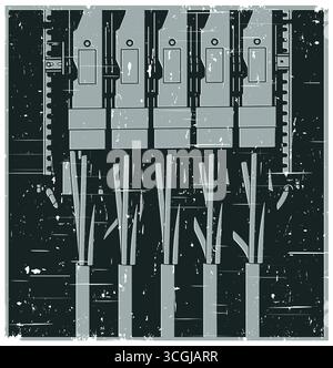 High voltage cables and power cable distribution rack close-up retro poster Stock Vector