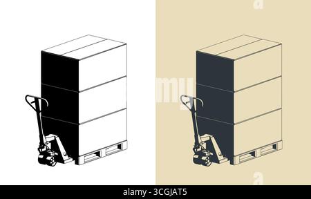 Pallet jack with cardboard boxes on pallets stylized vector illustrations Stock Vector