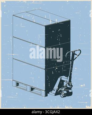 Pallet jack with cardboard boxes on pallets in retro poster style illustration Stock Vector