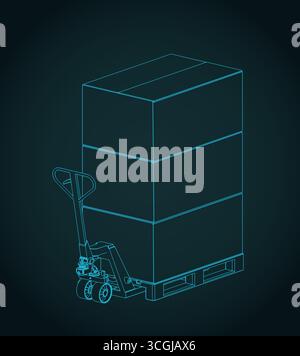 Pallet jack with cardboard boxes on pallets isometric  blueprint illustration Stock Vector