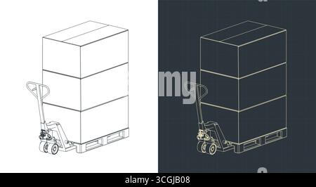Pallet jack with cardboard boxes on pallets isometric  blueprints illustrations Stock Vector