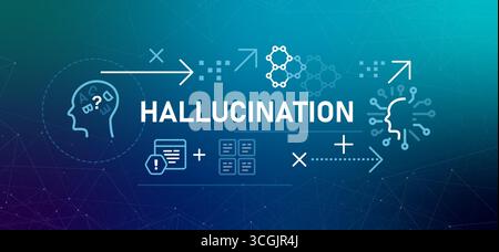Hallucination in artificial intelligence icons representing an AI head with confused letters AI model generates false or misleading information Stock Vector