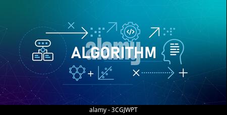Algorithm conceptual banner illustration flowchart representing rules and logic procedure or formula for solving a problem or completing a task Stock Vector