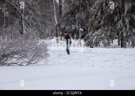 Landscape view of an unidentifiable adult person shoveling snow away from a driveway following a winter blizzard Stock Photo
