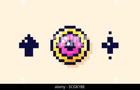 Pixel art yellow and pink circle with arrow and cross.  Stock Vector