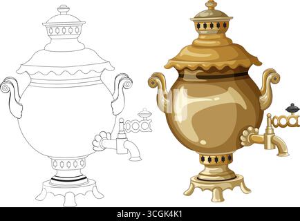 Vector illustration of ornate Russian samovar, colored and outline versions, showing metallic reflections. Stock Vector