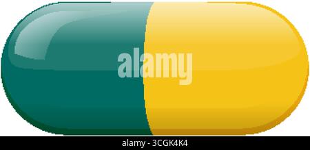 Glossy green and yellow capsule pill in flat vector style on a clean white background. Stock Vector