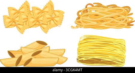Flat vector illustration of farfalle, spaghetti, penne, and tagliatelle pasta on white background. Stock Vector