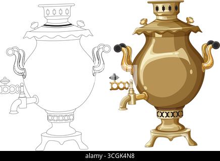 Vector illustration of ornate Russian samovar in gold, shown in colored and outline styles. Stock Vector