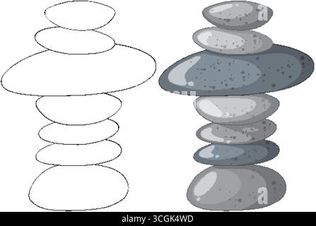 Balanced smooth stones in grayscale, side-by-side outline and colored vector, clean digital style Stock Vector