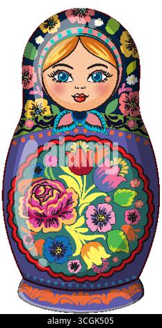 Colorful vector of Russian nesting doll with floral folk art on white background, front view. Stock Vector