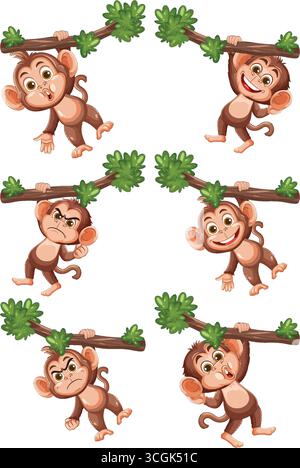 Six cartoon monkeys with varied expressions hang from leafy branches on a clean white background. Stock Vector