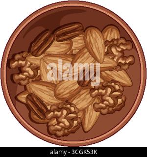 Flat vector illustration of almonds, walnuts, and pecans in a round brown bowl, top view. Stock Vector