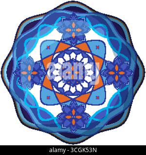 Symmetrical vector mandala with blue and orange floral geometric shapes, intricate lines, flat style Stock Vector