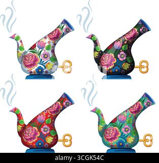 Colorful vector teapots shaped like birds with floral patterns, steam, and wind-up keys. Stock Vector