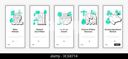 Causes of water scarcity mobile onboarding screen Stock Vector