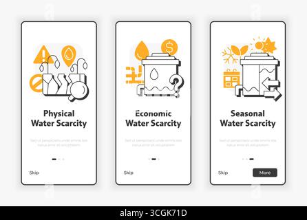 Types of water scarcity mobile onboarding screen Stock Vector