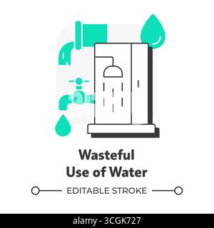 Wasteful use of water flat outline concept icon Stock Vector