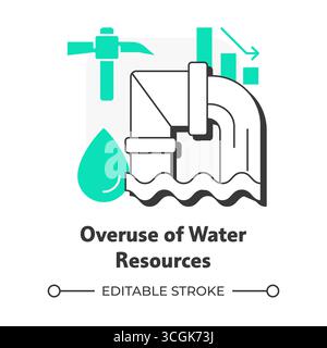Overuse of water resources flat outline concept icon Stock Vector