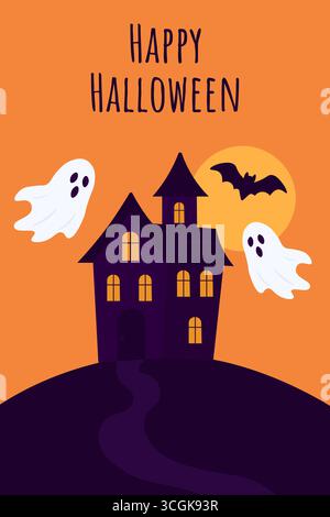 Dark haunted house with ghosts bat and moon on halloween night illustration Stock Vector