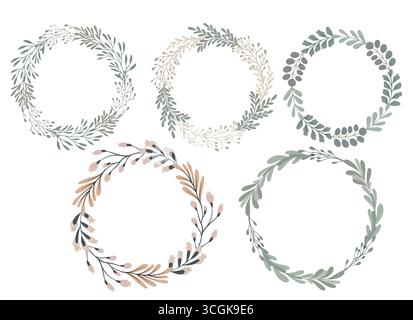Vector illustration with floral wreaths in pastel tones. Elegant botanical design for invitations, greeting cards, logos, and decoration. Minimal flat Stock Vector