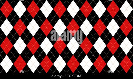 Harlequin red and black seamless pattern. Argyle diamond fabric texture. Classic lozenge simple background with gold line. Joker venetian rhombus Stock Vector