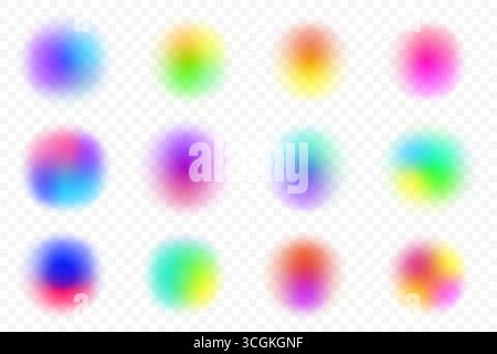 Gradient blurred circle shapes. Colored fluid liquid elements. Soft light vector holographic elements on white background. Round blobs with neon aura Stock Vector