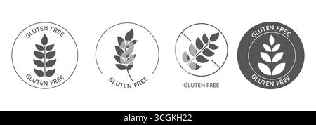 Set various Gluten free icons, dietary food badge. Minimal line grain organic design. Gluten free sign or stamp. Wheat symbol. Vector illustration Stock Vector