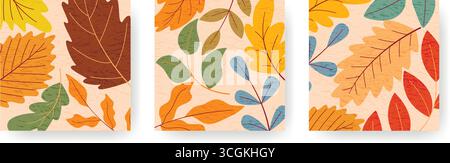 Autumn square templates set for social media. Square layouts with colorful leaves and texture effect. Fall backgrounds, cozy atmospheric design Stock Vector