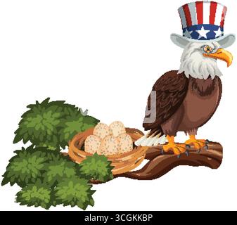 Vector illustration of a patriotic eagle in hat perched by nest with eggs on branch. Stock Vector
