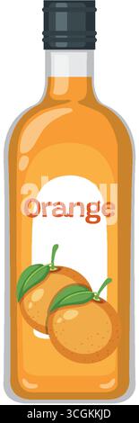 Vector bottle filled with orange juice, labeled, featuring two oranges, clean flat design style Stock Vector
