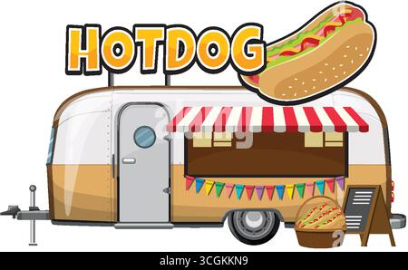 Flat vector illustration of a vintage hot dog trailer with striped awning and festive bunting. Stock Vector