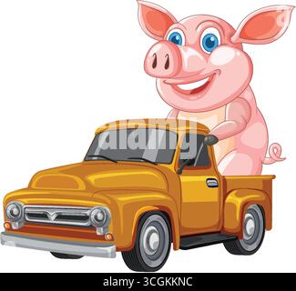 Cheerful pink pig character sits in classic yellow pickup truck, cartoon vector illustration style Stock Vector