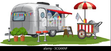 Colorful vector illustration of a vintage food truck and hot dog stand with retro details. Stock Vector