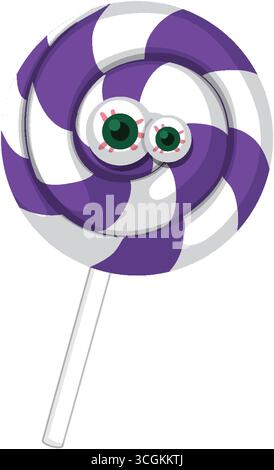 Playful vector of purple spiral lollipop with cartoon eyes, clean lines, on white background. Stock Vector