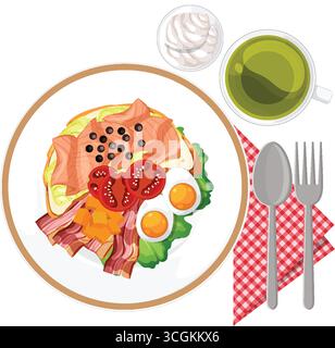Vector illustration of breakfast plate with eggs, bacon, vegetables, tea, and utensils, top view Stock Vector