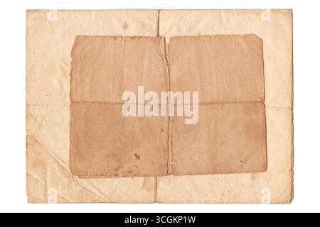 Vintage overlapping Antique Papers. Two Aged Stained Sheets, Folded Pages and Retro Textures, Top View Isolated on White Background Stock Photo