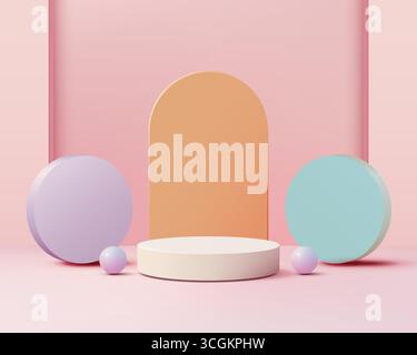 colorful pastel product display featuring round podium arched backdrop circles and spheres in soft pink peach lavender mint green perfect for showroom Stock Vector