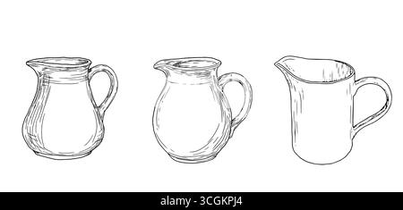 Ceramic jug for water or milk, sketch in black and white ink. Vector illustration. A decanter with a handle for the bathroom. A set of household utens Stock Vector