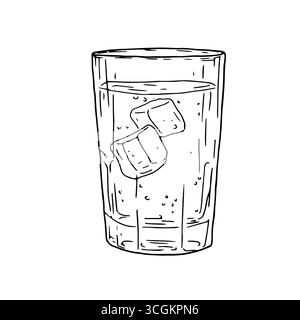 Glass of vodka or rum with ice cubes and lemon wedges, black and white sketch. Vector illustration. Classic alcoholic drink isolated on white backgrou Stock Vector