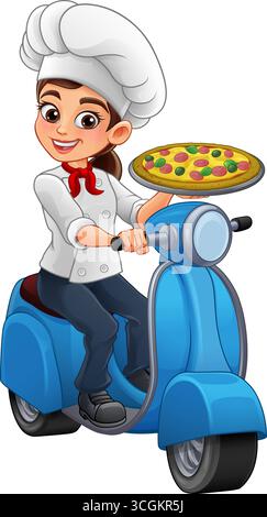 Female Woman Chef Pizza Delivery Courier Scooter Stock Vector