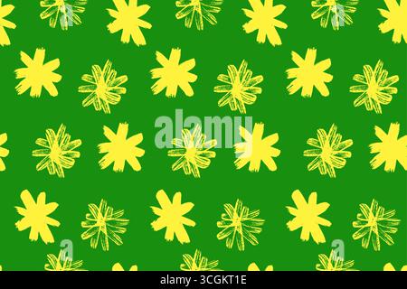 Cute seamless vector pattern featuring handdrawn white flowers, graffiti asterisks, and Xmas crystal vibes. Crayon, wax, chalk, and charcoal squiggles Stock Vector