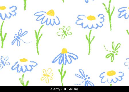 Seamless pastel crayon pattern with chamomile flowers, butterflies and dragonflies. Rough wax squiggle texture, charcoal strokes, perfect for school Stock Vector