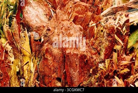 Detailed, close-up photograph of a broken and rotting tree stump, showing the fibrous, splintered texture of the reddish-brown wood Stock Photo