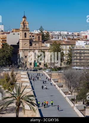 A picture of the Parish of El Salvador and Santa Monica and the Serrans Bridge, in Valencia. Stock Photo