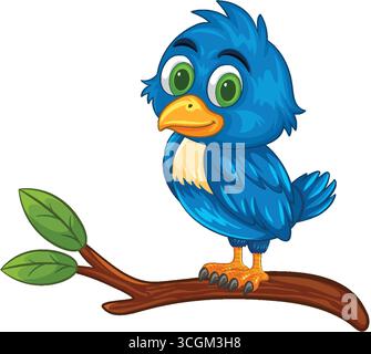 Bright blue cartoon bird with green eyes and yellow beak perched on leafy branch. Stock Vector